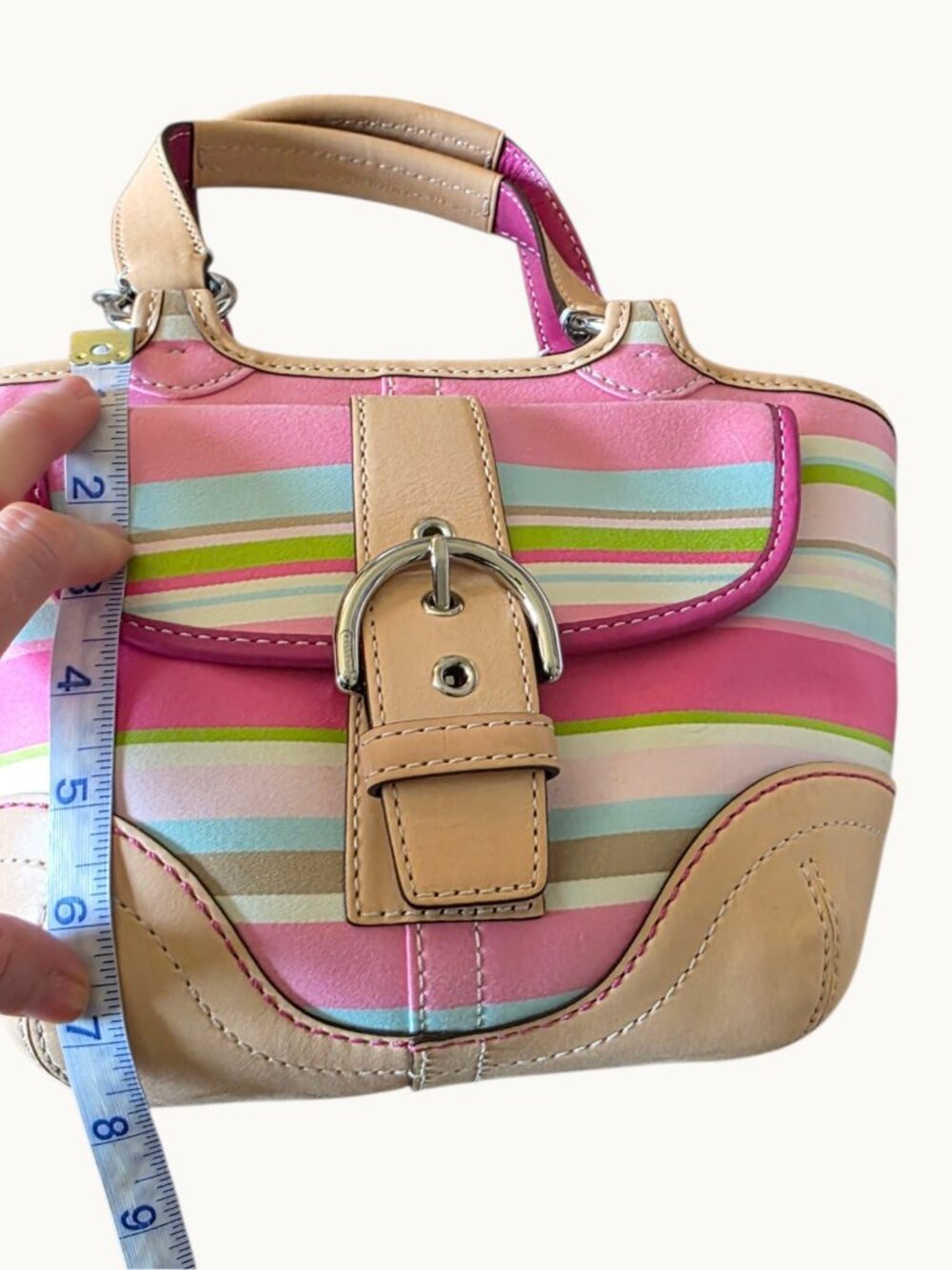 Coach Hampton Soho Stripe Tote 1888 Pink Multi Vachetta Leather Satchel Bag - Picture 12 of 16